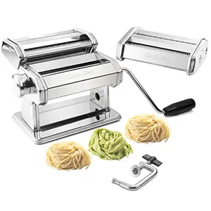 CucinaPro Classic Pasta Maker with chrome steel construction and spaghetti/fettuccine attachments