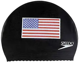 Speedo latex swim cap with printed American flag in black, ideal for competitive swimmers on a budget