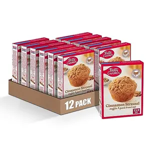 Betty Crocker cinnamon streusel muffin mix box with baked muffins