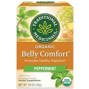 Traditional Medicinals Belly Comfort Peppermint tea box with green tea imagery