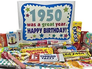 Shrink-wrapped gift box brimming with 40 different vintage candies from the 1950s