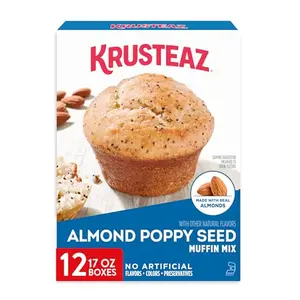 Krusteaz almond poppy seed muffin mix box with fresh muffin