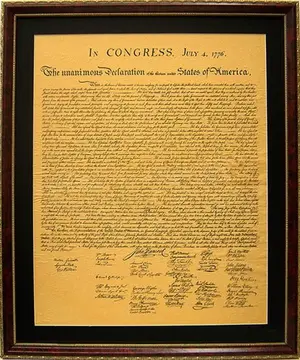 Framed Declaration of Independence replica with mahogany molding and gold filet lining, 26x33 inches