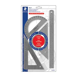 STAEDTLER stainless steel math set with ruler, triangles, and protractor