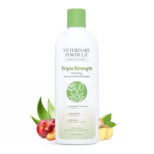 Veterinary Formula Dirty Dog Shampoo bottle beside a dog being bathed