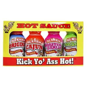 ASS KICKIN' Premium 4-Pack mini hot sauce bottles with Original, Cajun, Wasabi, Roasted Garlic flavors