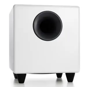 Audioengine S8 subwoofer in white, down-firing design