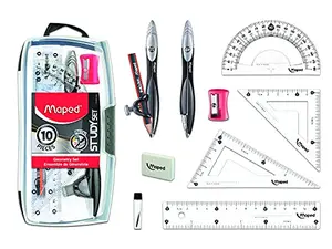 Maped geometry kit with metal compasses, protractor, rulers, and triangles in a shatter-proof case