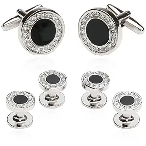 Black onyx and crystal cufflinks and studs set in a travel presentation box