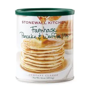 Stonewall Kitchen Farmhouse Pancake Mix box with golden pancakes