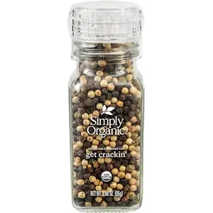 Simply Organic pepper grinder bottle with blend of black, white and green peppercorns