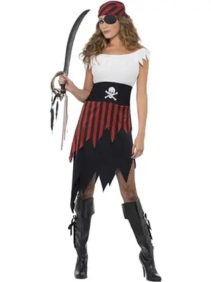 Woman in pirate wench costume with off-shoulder dress and headscarf