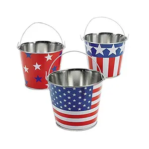 12 small patriotic metal buckets with stars and stripes design