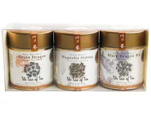 The Tao of Tea Oolong Tea Sampler box with three small tins of Magnolia Oolong, Black Dragon, and Green Dragon