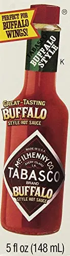 A 5-ounce bottle of Tabasco Buffalo Style Hot Sauce with bold orange-hued label
