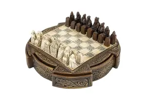 Compact Isle of Lewis themed chess set with Celtic resin pieces and stoneware case