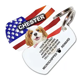 Rectangular custom pet tag with American flag and pet photo personalization