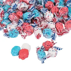 Fun Express individually wrapped red, white, and blue salt water taffy candy in bulk bag