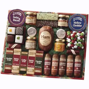 The Swiss Colony holiday favorites gift box with summer sausages, cheeses, and chocolates arranged elegantly