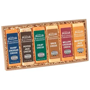 Pack of six assorted Wisconsin cheese bars - sharp cheddar, mellow cheddar, colby, pepper jack, brick, and monterey jack