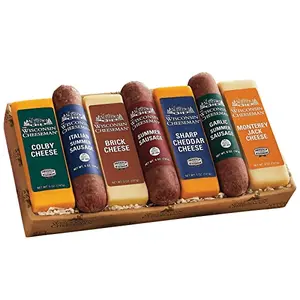 Wisconsin Cheeseman meat and cheese combo with three sausages and four cheeses arranged on a platter