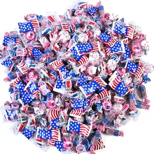 Assorted red, white, and blue candies in patriotic wrappers