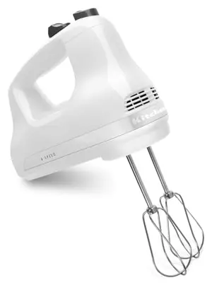 KitchenAid 5-speed hand mixer in white with beaters attached