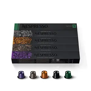 Nespresso Original Line Ispirazione Favorites variety pack of 50 espresso pods on a table next to a white coffee cup