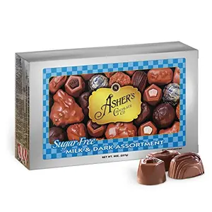 Asher's Sugar Free Chocolate Candy Assortment box with various milk and dark chocolates