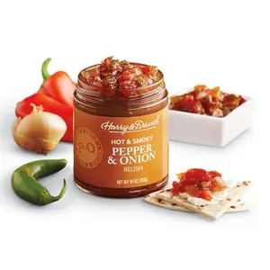 Harry & David Smoky Pepper & Onion Relish jar for hot dogs and sandwiches