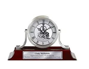 AllGiftFrames personalized engraved wood mantle clock with cherry finish and silver da Vinci dial