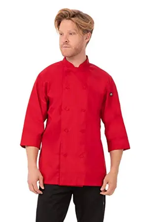 Red chef coat with cloth-covered buttons and three-quarter sleeves