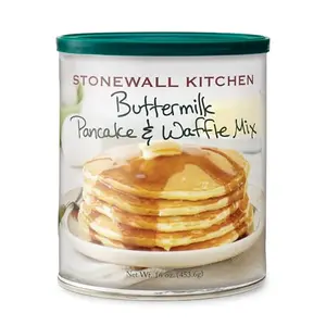 Stonewall Kitchen Buttermilk Pancake Mix box with stack of buttermilk pancakes