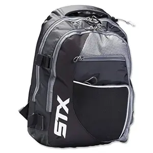 STX black lacrosse backpack with side stick holders