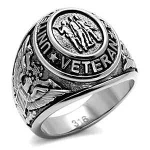 Lanyjewelry wide stainless steel ring with subtle American flag and veteran insignia