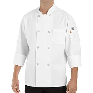 White chef coat with double-breasted front and pearl buttons