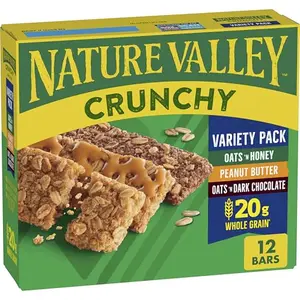 Nature Valley Crunchy Granola Bars Variety Pack box with Oats N Honey, Peanut Butter, and Oats N Dark Chocolate flavors