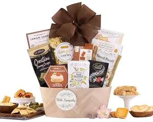 Wine Country sympathy gift basket filled with crackers, dips, and assorted sweets