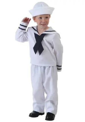 Fun Costumes white toddler sailor costume with navy trim, pants, and hat for Halloween
