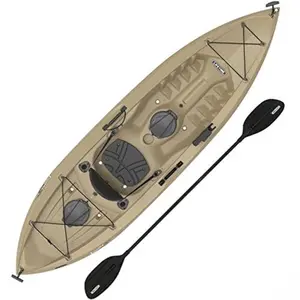 Lifetime Muskie Angler sit-on-top kayak in tan with paddle and rod holders