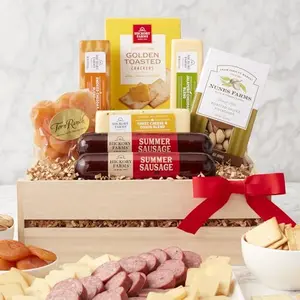 California Delicious Meat and Cheese Gift Crate with summer sausage, cheese, crackers, nuts and dried fruit