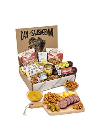 Dan the Sausageman Sounder gift basket with beef sausage, cheese, mustard, and Almond Roca