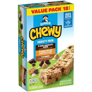 Quaker Chewy Granola Bars Variety Pack with chocolate chunk, peanut butter chocolate chip, and s'mores flavors