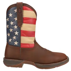 Brown leather cowboy boots with American flag design on shaft