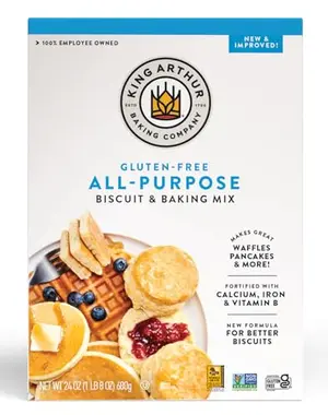 King Arthur Gluten-Free All-Purpose Biscuit & Baking Mix box with pancakes and waffles