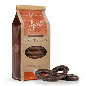 Asher's dark chocolate covered pretzels in a vintage-style coffee bag