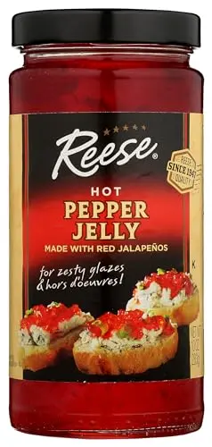 Reese Hot Pepper Jelly jar with red jalapeños on label