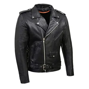 Classic black leather motorcycle jacket with belted waist and side laces