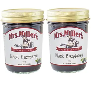 Mrs. Miller's Homemade Black Raspberry Jelly jar on a kitchen table