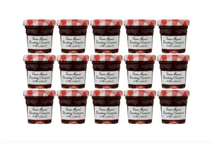Bonne Maman mini strawberry preserves jars arranged on a tray